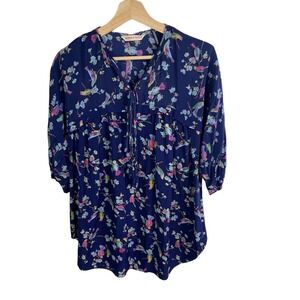 Rebecca Taylor blouse shirt women's sz‎ 0 navy blue bird print silk 1/2 sleeve